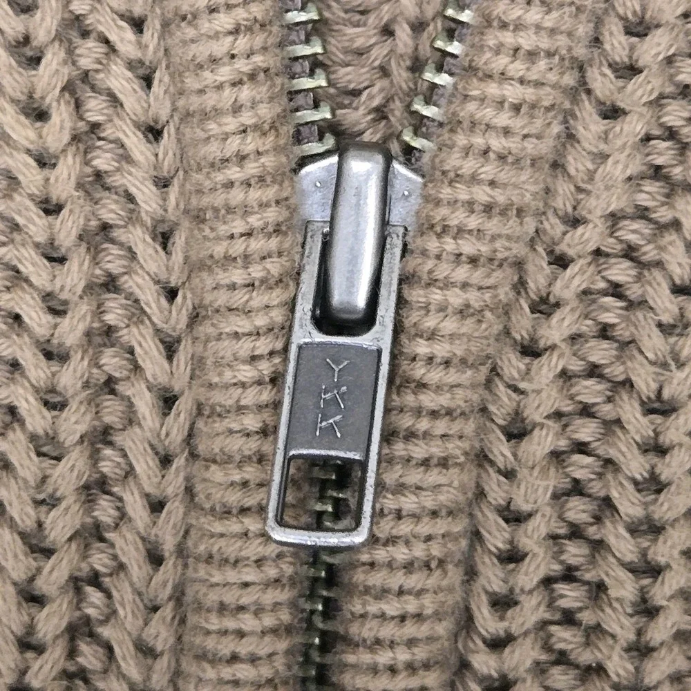 Vtg 90s LL Bean Full Zip Chunky Knit Ribbed Cotton Sweater Dark Tan Men's L MINT